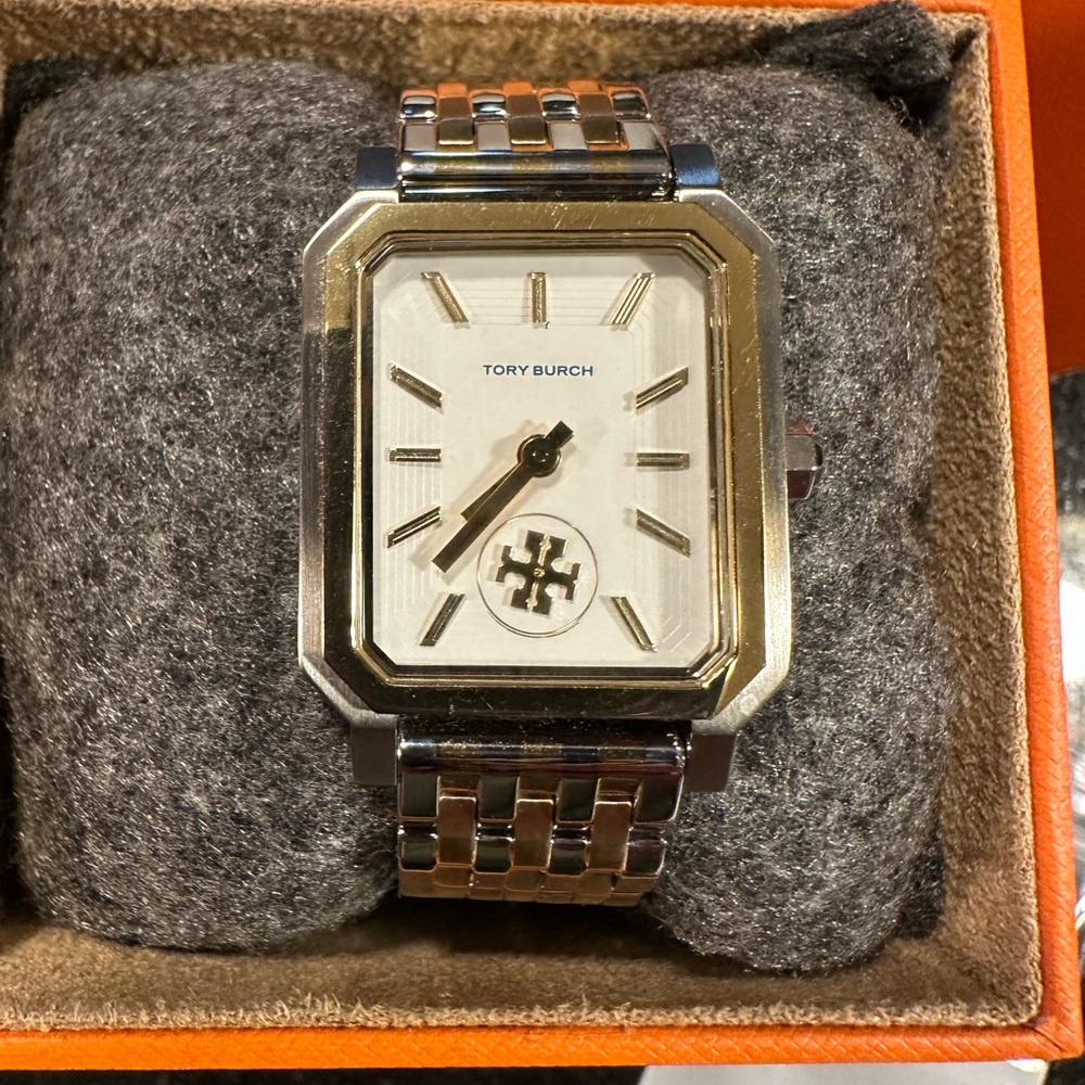 Tory Burch Silver-Tone Stainless Steel Logo Bracelet Watch